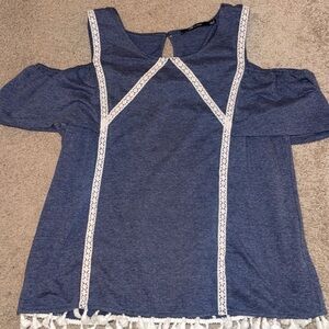 Blue Cold Shoulder Top with Lace Trim